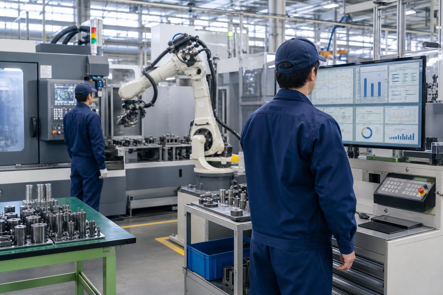 自動化設備を活用して生産状況を確認する工場作業者