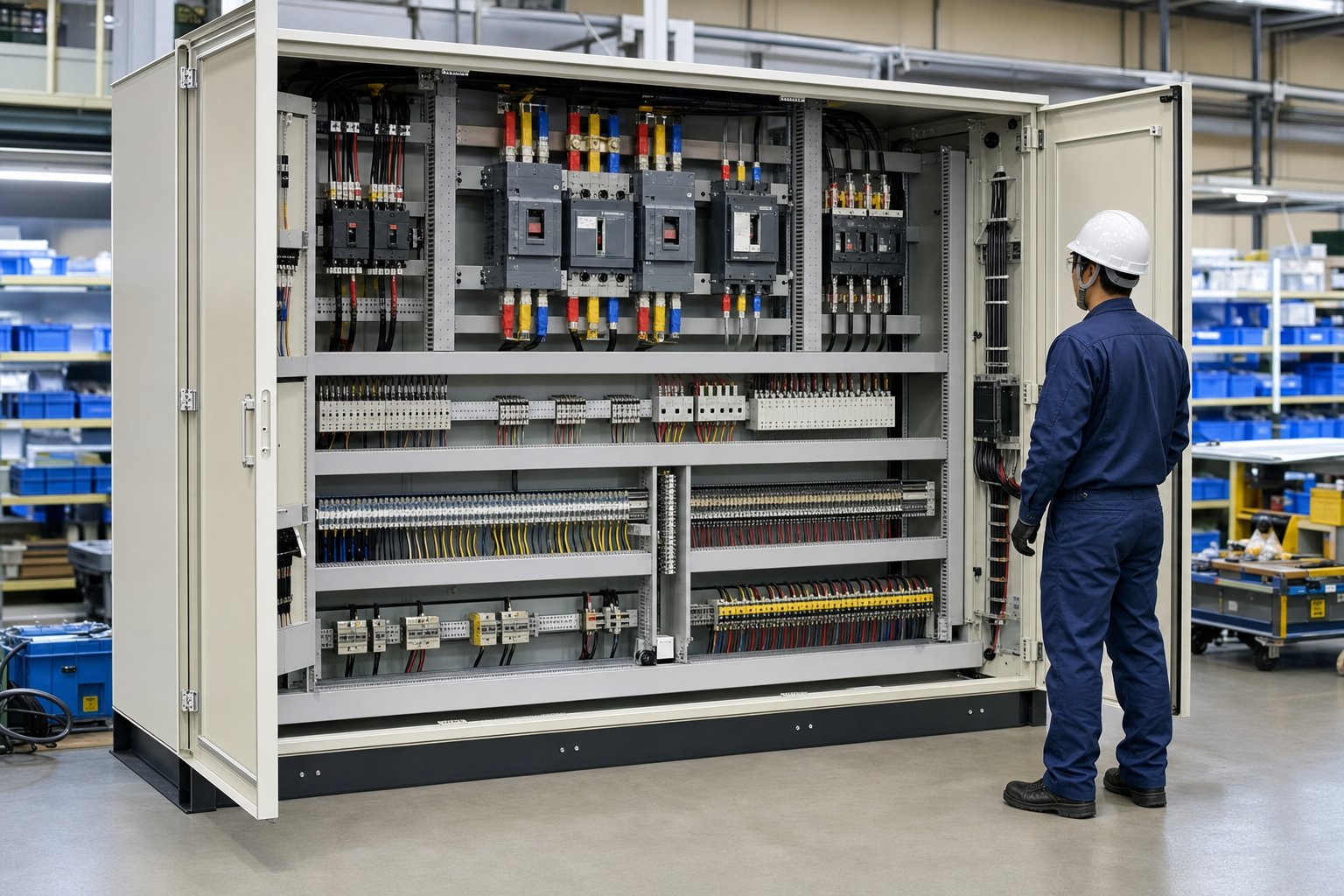 工場で組み立てられた大型配電盤の内部を点検する作業者