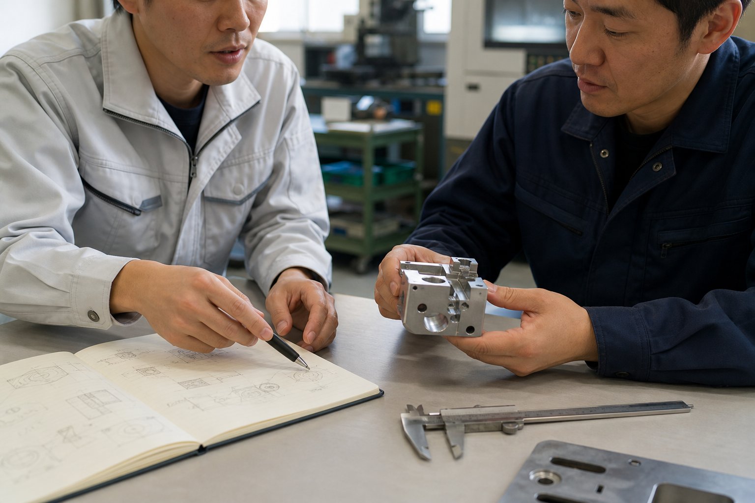 図面の代わりに試作品とスケッチを囲んで製作相談をする技術者