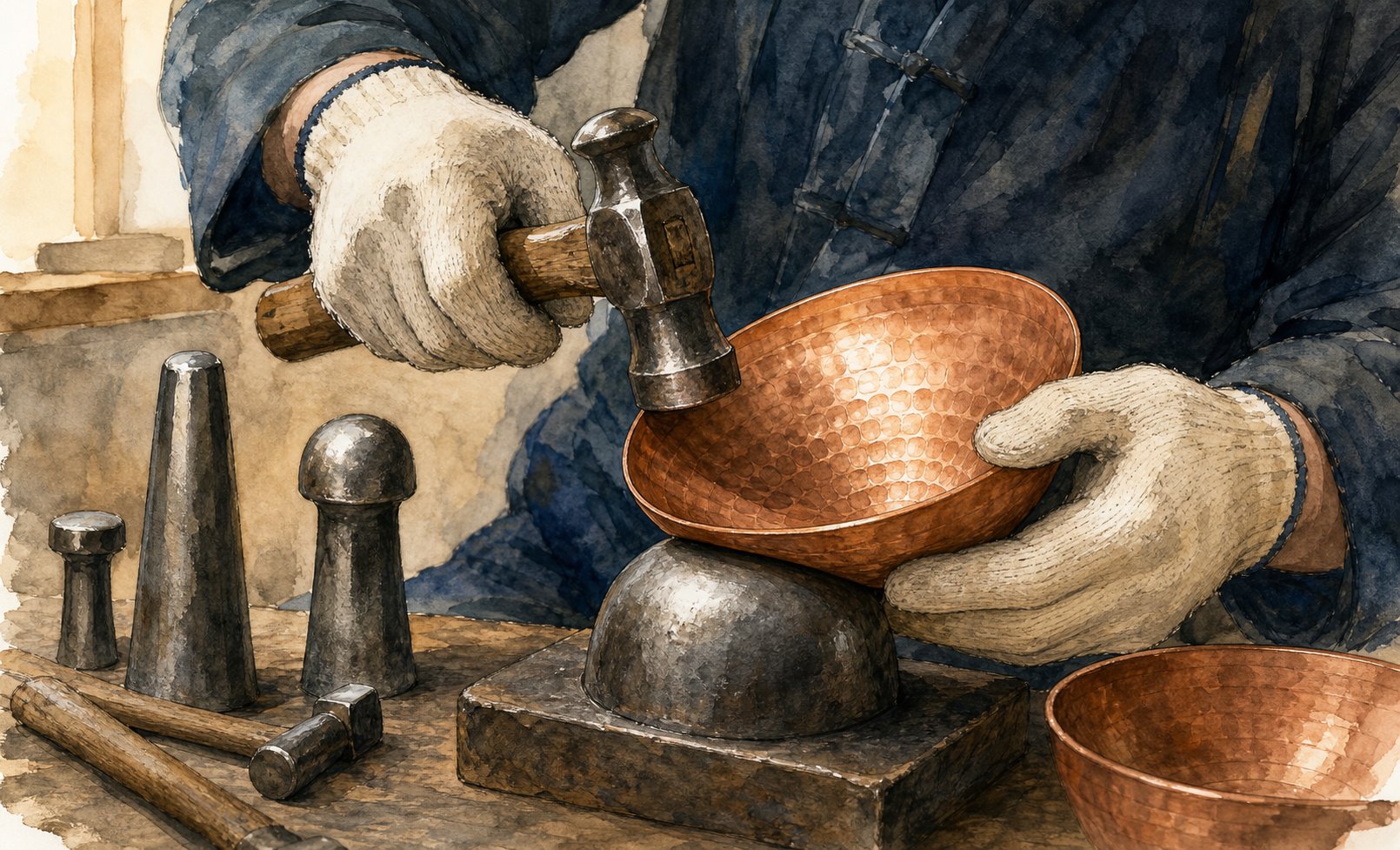 職人が当て金と金槌を使って銅の器を手作業で打ち出している水彩画