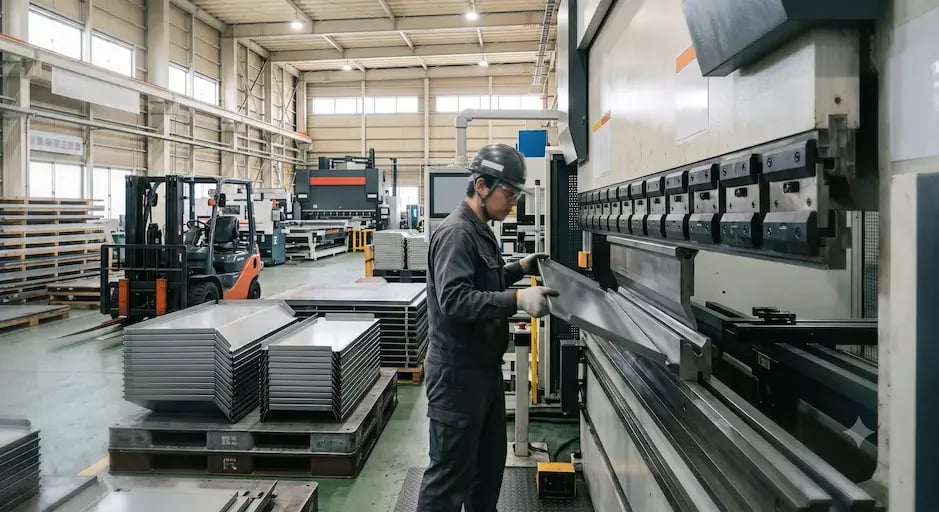 量産設備のある工場でプレスブレーキを操作する作業者